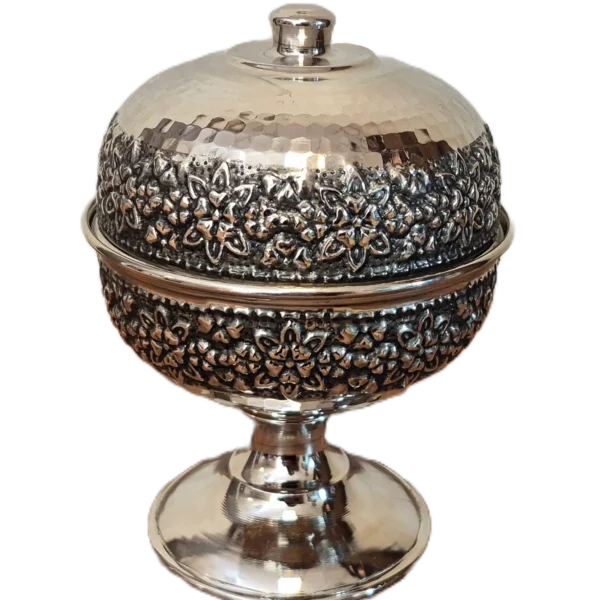 قندان مسی کروم پایه دار رز گوهر | انواع ظروف مسی به قیمت کارگاهی | تولیدی رز مس زنجان