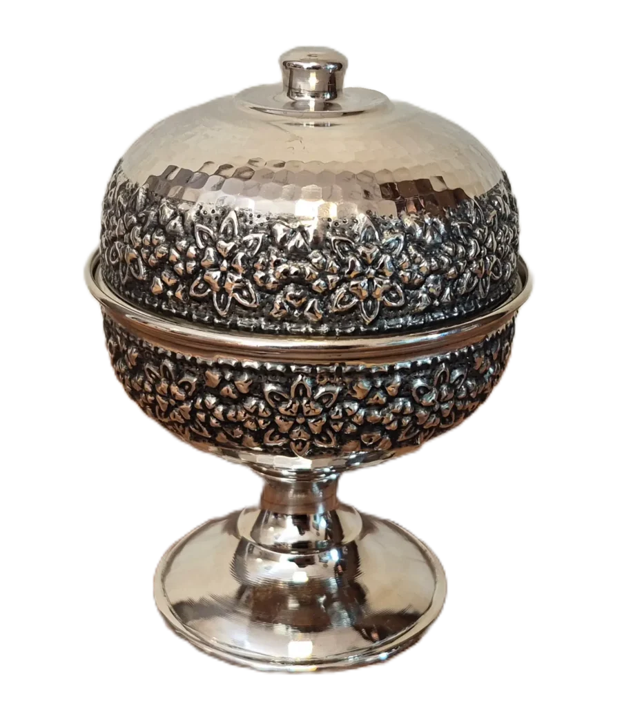 قندان مسی کروم پایه دار رز گوهر | انواع ظروف مسی به قیمت کارگاهی | تولیدی رز مس زنجان