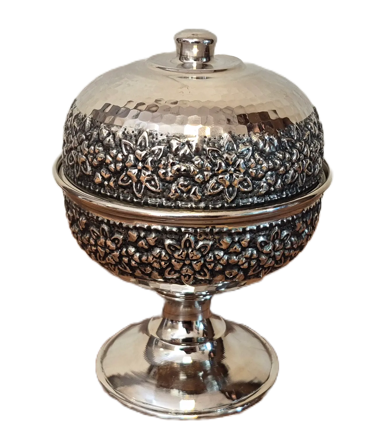 ghandan 1 paye chrome 2 قندان مسی کروم پایه دار رز گوهر | انواع ظروف مسی به قیمت کارگاهی | تولیدی رز مس زنجان