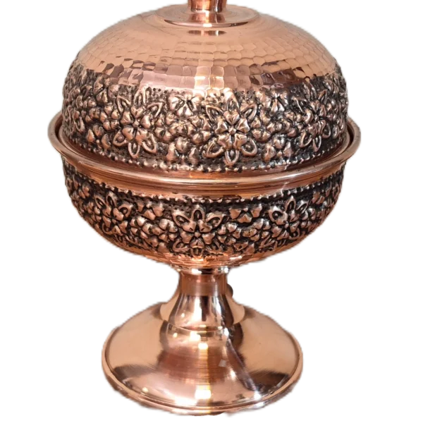 قندان مسی پایه دار رز گوهر | انواع ظروف مسی به قیمت کارگاهی | تولیدی رز مس زنجان