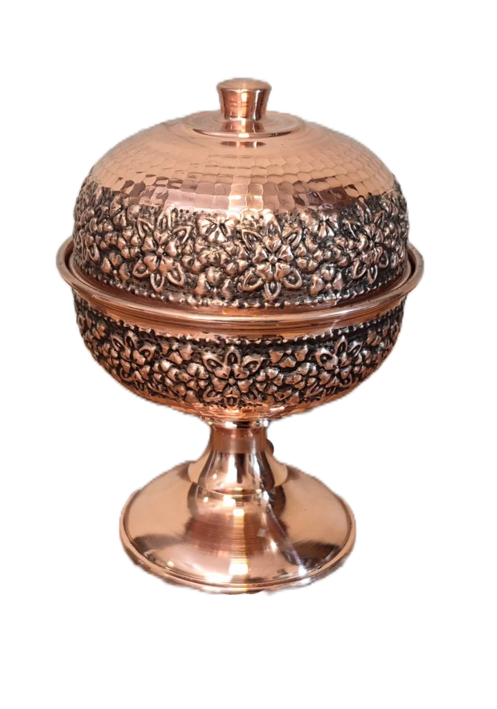 قندان مسی پایه دار رز گوهر | انواع ظروف مسی به قیمت کارگاهی | تولیدی رز مس زنجان