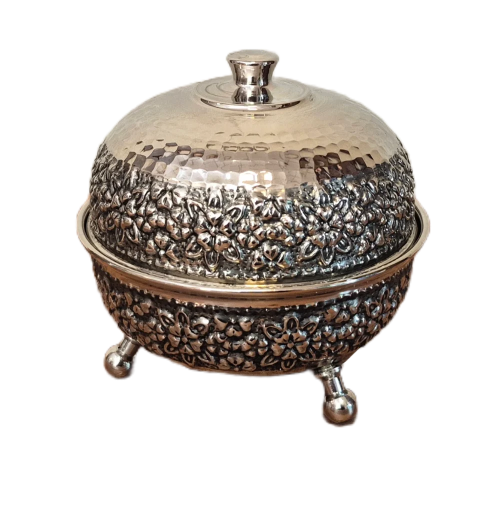 قندان مسی کروم 3 پایه رز گوهر | انواع ظروف مسی به قیمت کارگاهی | تولیدی رز مس زنجان