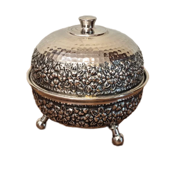 قندان مسی کروم 3 پایه رز گوهر | انواع ظروف مسی به قیمت کارگاهی | تولیدی رز مس زنجان