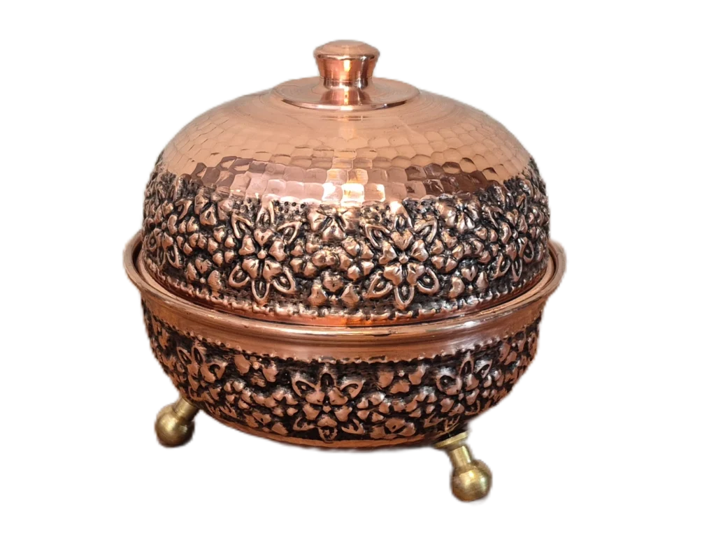 قندان مسی 3 پایه رز گوهر | انواع ظروف مسی به قیمت کارگاهی | تولیدی رز مس زنجان