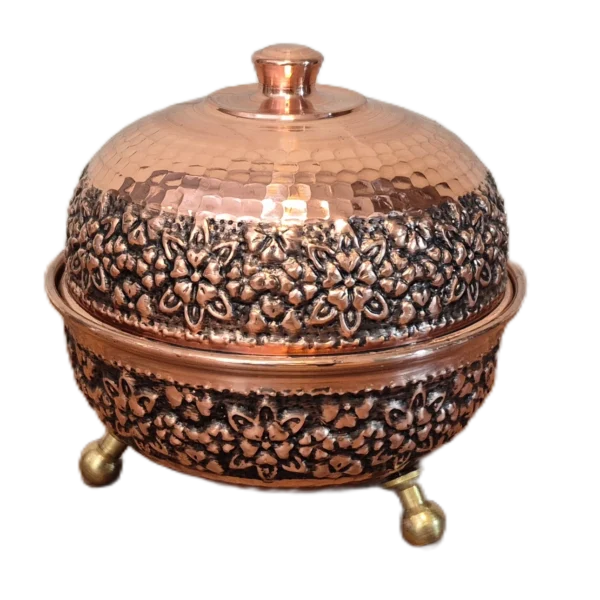 قندان مسی 3 پایه رز گوهر | انواع ظروف مسی به قیمت کارگاهی | تولیدی رز مس زنجان