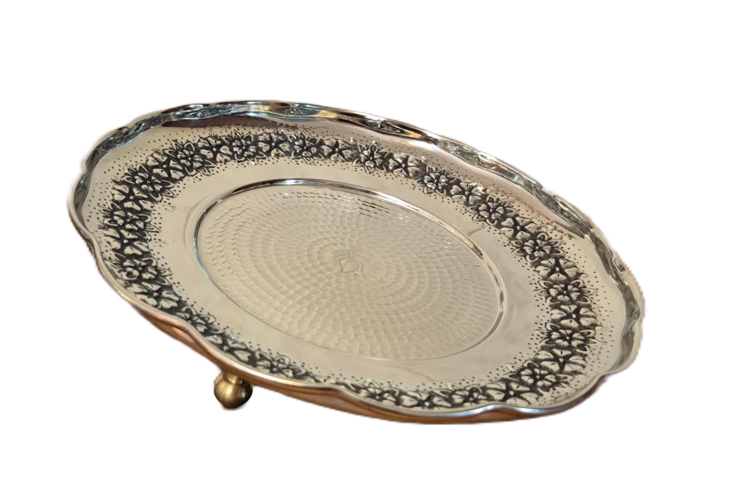 شیرینی خوری مسی کروم 3 پایه رز گوهر | انواع ظروف مسی به قیمت کارگاهی | تولیدی رز مس زنجان